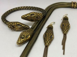 Jan Michaels Antiqued Brass Snake Lariat Necklace,  Wrap Bracelet & Earrings 4