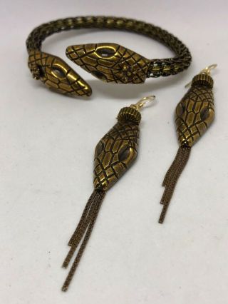 Jan Michaels Antiqued Brass Snake Lariat Necklace,  Wrap Bracelet & Earrings 5