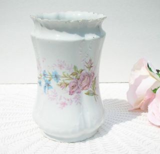 Antique Porcelain Floral 6 1/4 " Vase Pale Roses Bachelor Buttons Raised Design