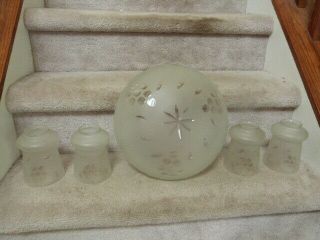 5 ANTIQUE Art Deco Chandelier Hanging Light Fixture Etched Shades - SHADES ONLY 2