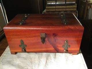 Vintage Cedar Wood Treasure Chest Trinket Jewelry Box 10” Rustic Brass Stash Box