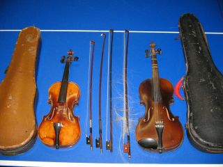 2 Antique Violins W/ Cases And 4 Bows