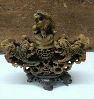 Antique Chinese Carved Soapstone Foo Dog Lion Incense Burner Signed