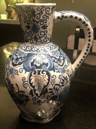 Antique French Faience Delft Blue And White Pitcher 19th Century
