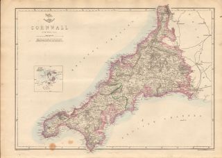 1863 Large Antique Map - Dispatch Atlas - Cornwall
