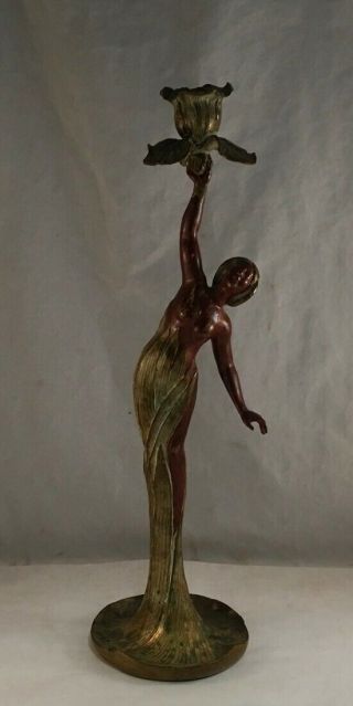 Antique Art Deco Nouveau Brass Figural Nude Woman Lily Single Candlestick