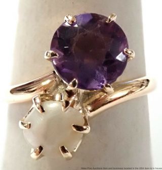 Vintage 14k Yellow Gold Mississippi River Pearl Natural Amethyst Bypass Ring 6