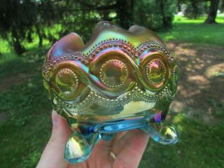 Northwood Beaded Cable Antique Carnival Art Glass Footed Rose Bowl Aqua Opal