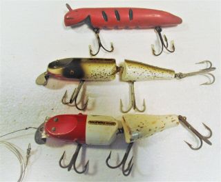 3 Old Wood Fishing Lures For Musky,  Northern,  Bass,  Creek Chub Pikie & Unknown