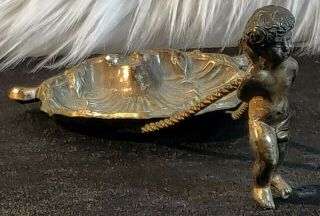 Antique Cherub Pulling A Shell Metal Figurine Seashell Art