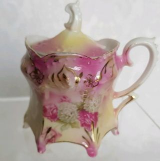 Antique Rs Prussia Miniature Lided Sugar Bowl Pink & Gold Roses,  Footed Marked