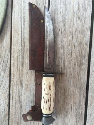 Antique Solingen Stag Handle Knife With Sheath Made In Germany