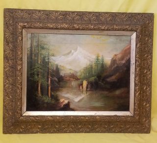 Very Artistic Antique Oil Painting On Wood Panel " Waterfall By Snowy Mountain "