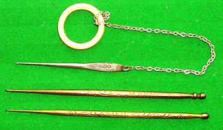 2 Antique Finely Engraved Gilt Fine Crochet Hooks,  Another With Finger Ring