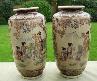Pair Large Japanese Satsuma Vases Hand Painted - 13.  5 " Tall Mantel Shelf