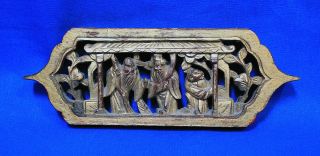 Antique Chinese Hand Carved Gilt Wood Panel 3 " X 8 " Immortal Figures