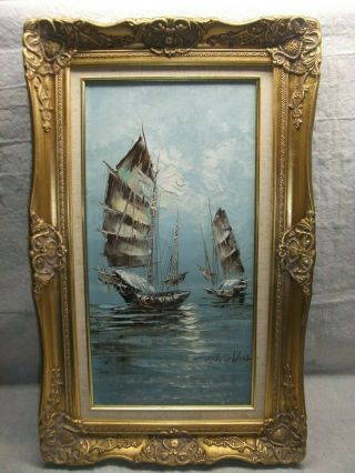 Vintage Oil On Canvas Nautical Ships Signed By Artist Antique Frame Ocean Boat