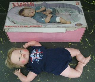 1961 Vintage Ideal Toy Tiny Thumbelina Moving,  Wriggling Baby Doll,  Box