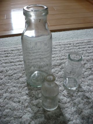 Set Of 3 Old Vintage Collectible Glass Bottles (listerine,  Wagner,  Milk)