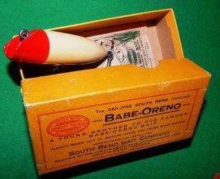 crisp pre - 1920 South Bend Babe Oreno w/scarce intro box & paper Bass - Oreno 5
