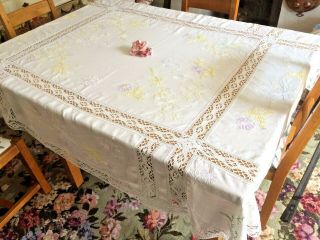 Large Vintage Hand Embroidered Tablecloth Crochet Lace Edge & Panel Inserts