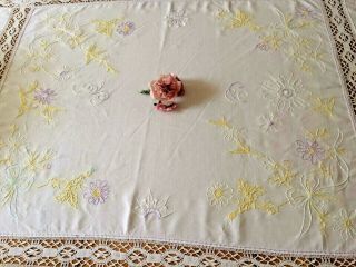 Large Vintage Hand Embroidered Tablecloth Crochet Lace Edge & Panel Inserts 2