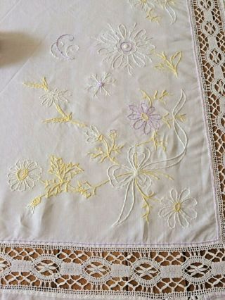 Large Vintage Hand Embroidered Tablecloth Crochet Lace Edge & Panel Inserts 3