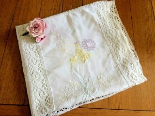 Large Vintage Hand Embroidered Tablecloth Crochet Lace Edge & Panel Inserts 4