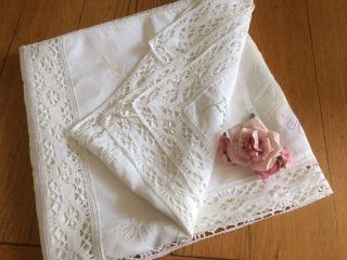 Large Vintage Hand Embroidered Tablecloth Crochet Lace Edge & Panel Inserts 5