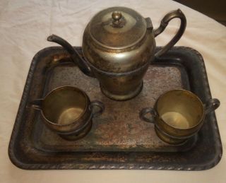 Vintage Academy Silver On Copper Tea Set Coffee Creamer Sugar Teapot & Tray