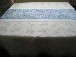 Vintage Damask Tablecloth Farmhouse Style 50 " X 50 " White & Blue