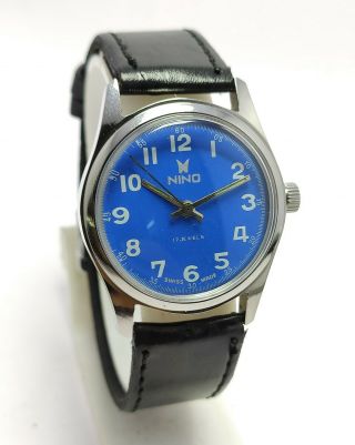 Vintage Nino Hand Winding Blue Dial 17j Wrist Watch For Men 