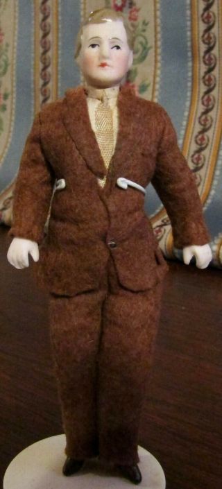 Antique 5 " German Bisque Closed Mouth Doll House Man Doll W/original Outfit