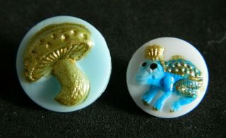 2 Vintage Glass Kiddie/childrens Buttons W Toad/frog & A Toad Stool/mushroom