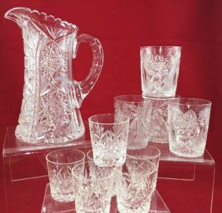 Antique American Brilliant Cut Glass Crystal Pitcher Set Tumblers Shots