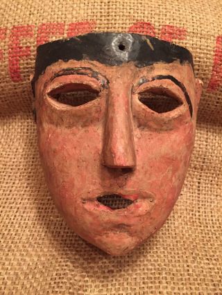 Antique Mexican Carved Wood Painted Folk Art Carnival Mask 20th Century Boy