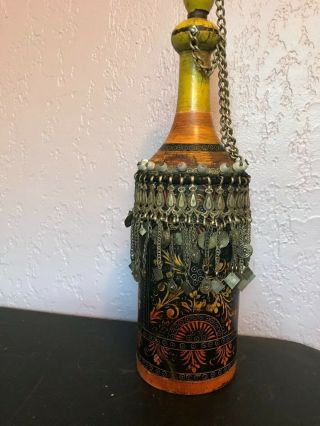 Antique Vtg Old Wood Bottle Multi Colored Art Deco Cork