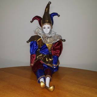 Porcelain Mardi Gras Jester Doll 19 " Purple Burgundy Gold Poseable Guc