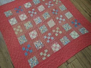 Early Authentic C1880 Calico Red Nine Patch Baby Crib Quilt 40x40 "