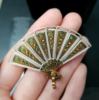 Antique Victorian Edwardian Hand Fan Gold Tone Brooch Costume Jewellery Pendant