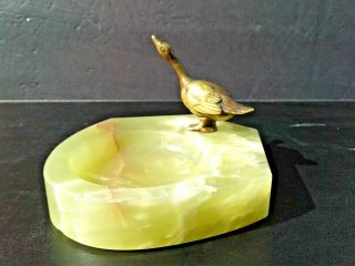 Antique Vintage Germany Bronze Duck Swan Goose Green Onyx Coin Key Dish Pin Tray