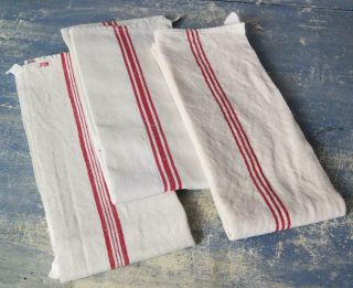 3 X Red Stripe Vintage French Linen Torchons Tea Towels Metis M61