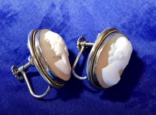 Antique Vintage Sterling Silver Shell Cameo Screw - Back Earrings