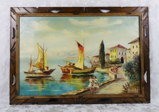 Antique Vintage Oil Painting Of Sailboats Harbor By Klaus Kodeda Signed Listed