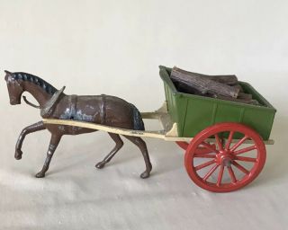 Antique Lead Britain’s Farm Cart W/logs & Metal Horse,