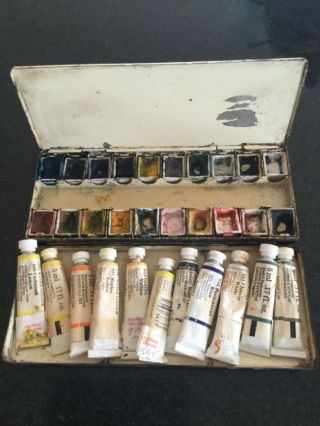 Travel Antique / Vintage Winsor & Newton Watercolour Paint Box And Paints
