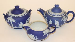 Antique Wedgwood Cobalt Blue Jasperware Teapot W/ Creamer & Sugar