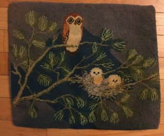 Vintage Antique Needlepoint Owl Guarding Owlets Sweet Estate Find