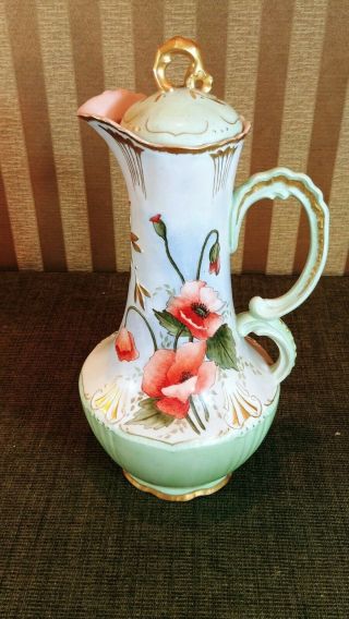 Antique 1901 J.  P.  Limoges France 12 " Chocolate Pot W/ Poppies Signed F E Chase