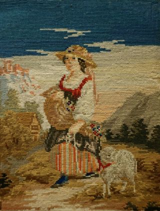 Small Mid/late 19th Century Needlepoint Of A Girl With Her Pet Lamb - C.  1870